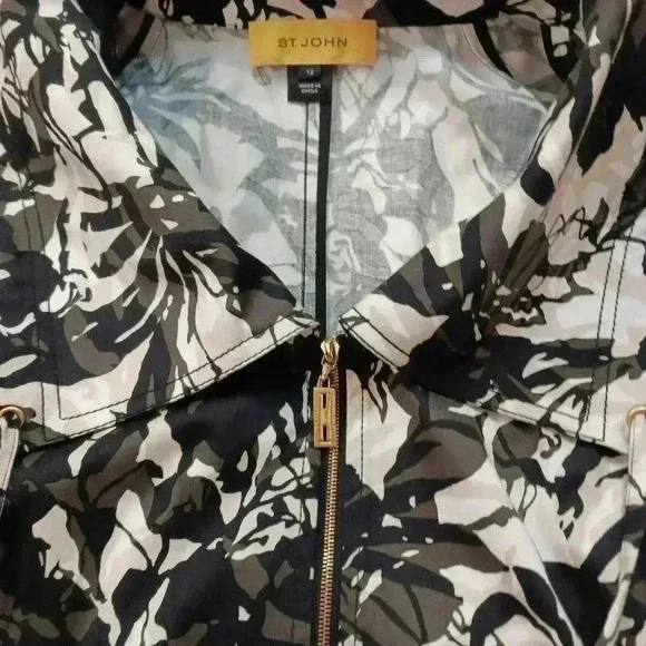 ST JOHN Womens Jacket Size 12 Full Zip Floral Black White - Picture 2 of 9